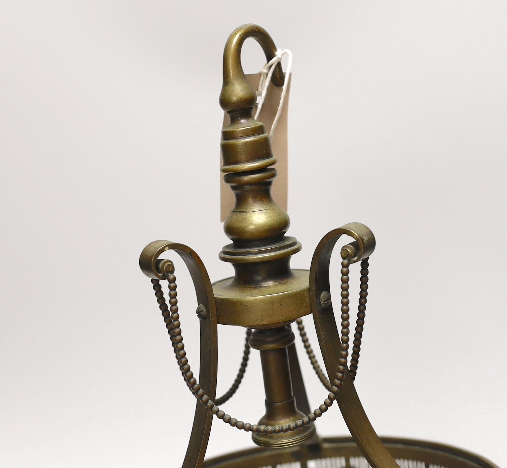 A brass mounted glass hanging lantern, 42cm